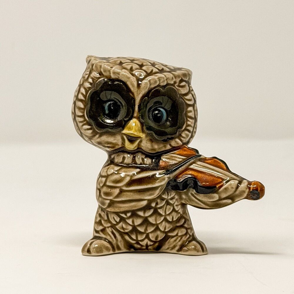 Vintage Owl Figurine Violin Player Japan Ceramic Big Eyes 3 Inch - Picture 2 of 8